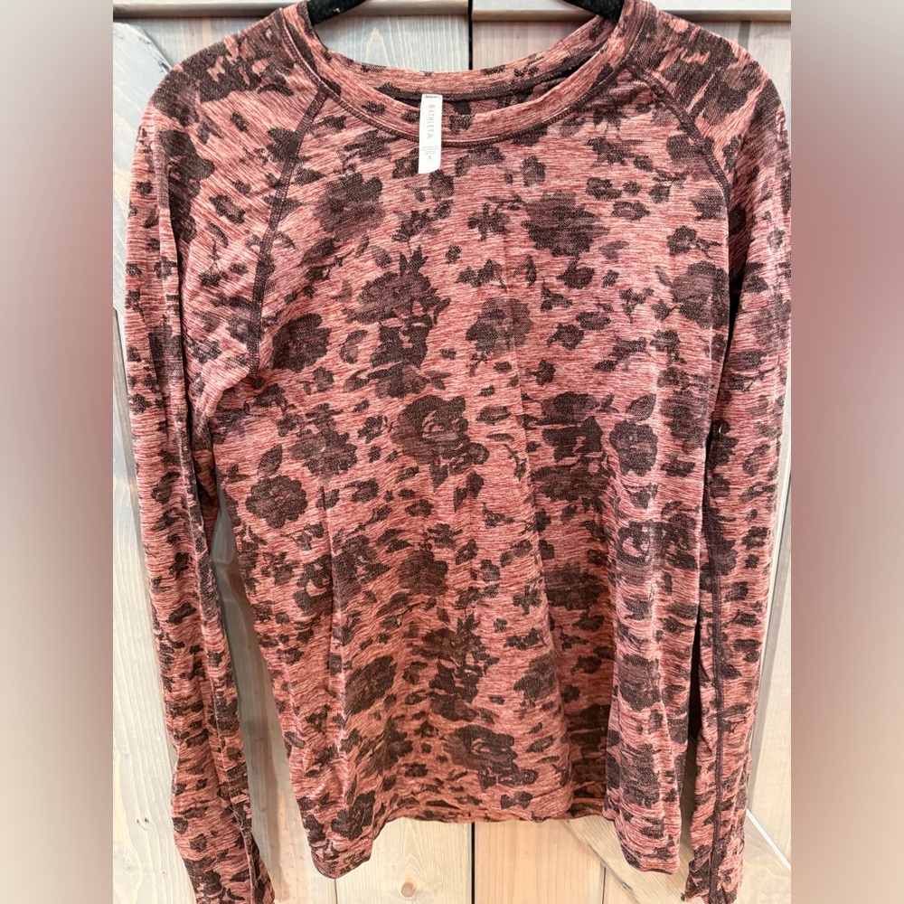 Athleta Floral Long Sleeve Performance Top Pink Brown Size Small